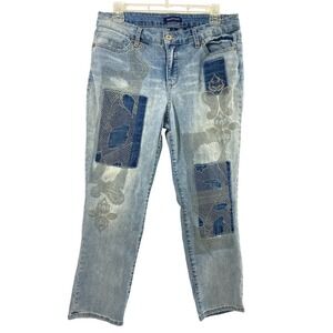 Bandolino Millie Capri Jeans Womens 10 Light Wash Embroidered Patchwork Grunge